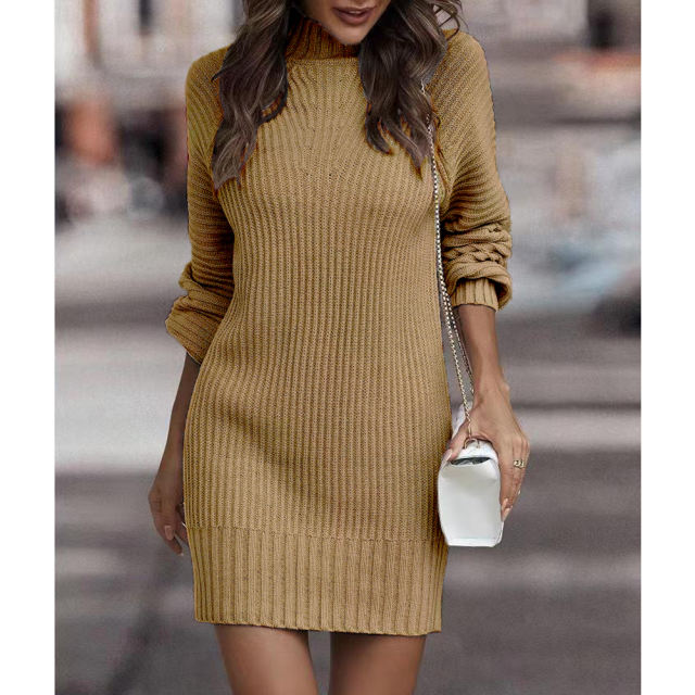 Khaki Turtleneck Knit Sweater Dress
