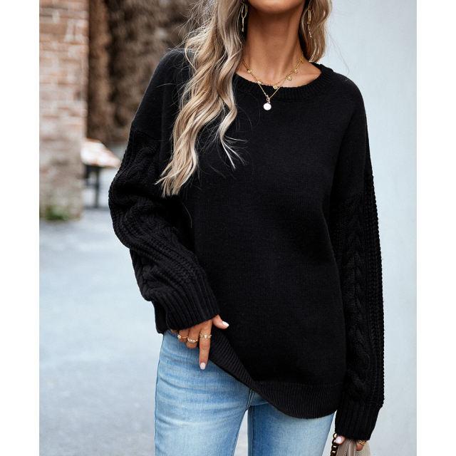 Black Round Neck Drop Shoulder Knit Sweater