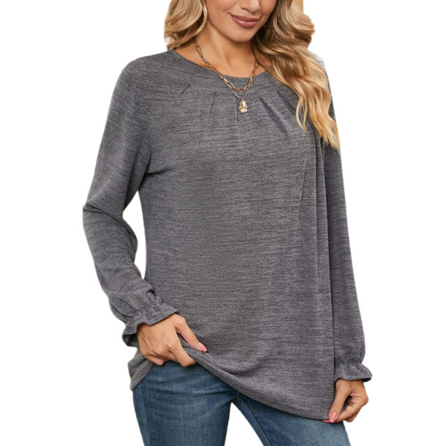 Grey Pleated Round Neck Long Sleeve Tops