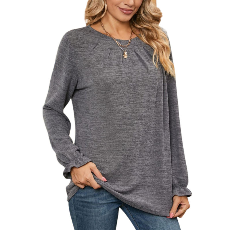 Grey Pleated Round Neck Long Sleeve Tops