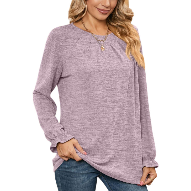 Light Purple Pleated Round Neck Long Sleeve Tops