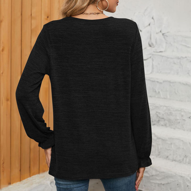 Black Pleated Round Neck Long Sleeve Tops
