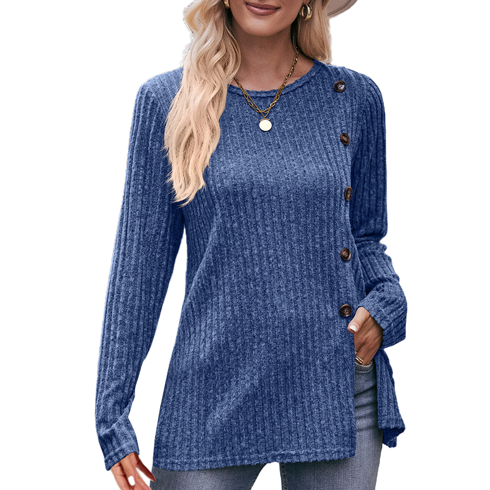 Blue Ribbed Button Split Long Sleeve Tops