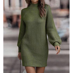 Army Green Turtleneck Knit Sweater Dress