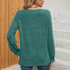 Green Pleated Round Neck Long Sleeve Tops