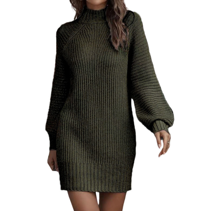 Dark Green Turtleneck Knit Sweater Dress