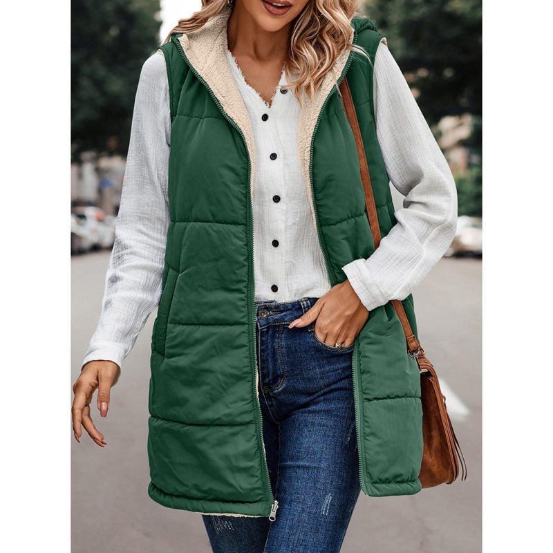 Green Full-zip Double-sided Hooded Vest Coat