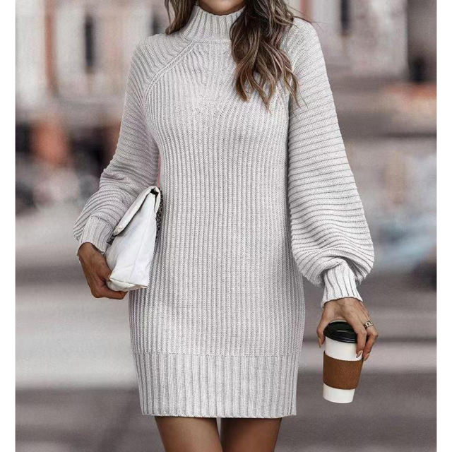 White Turtleneck Knit Sweater Dress