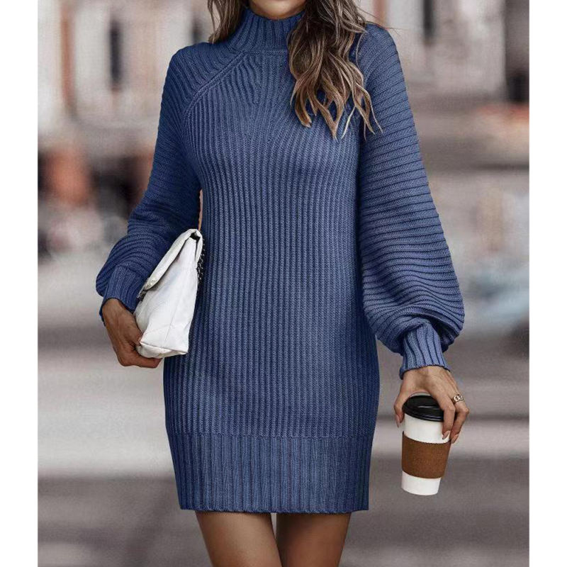 Blue Turtleneck Knit Sweater Dress
