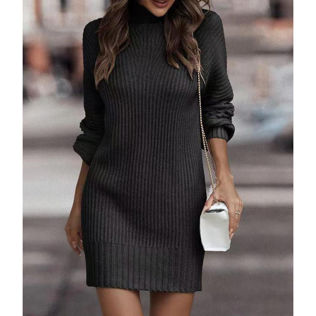 Black Turtleneck Knit Sweater Dress
