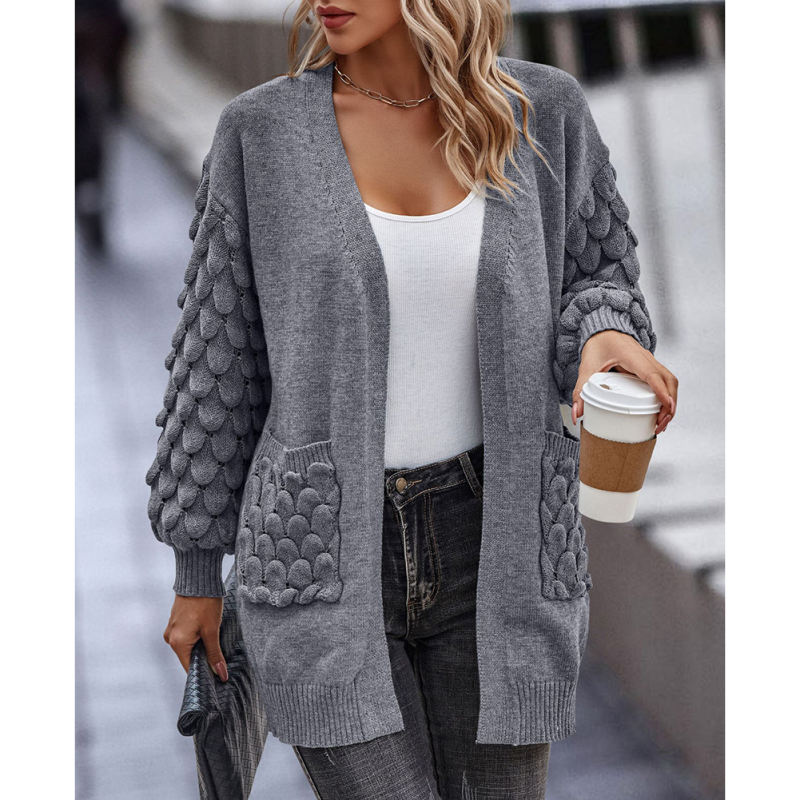 Grey Open Front Knit Cardigan with Pockets