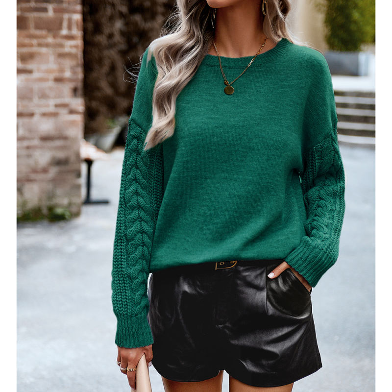 Green Round Neck Drop Shoulder Knit Sweater