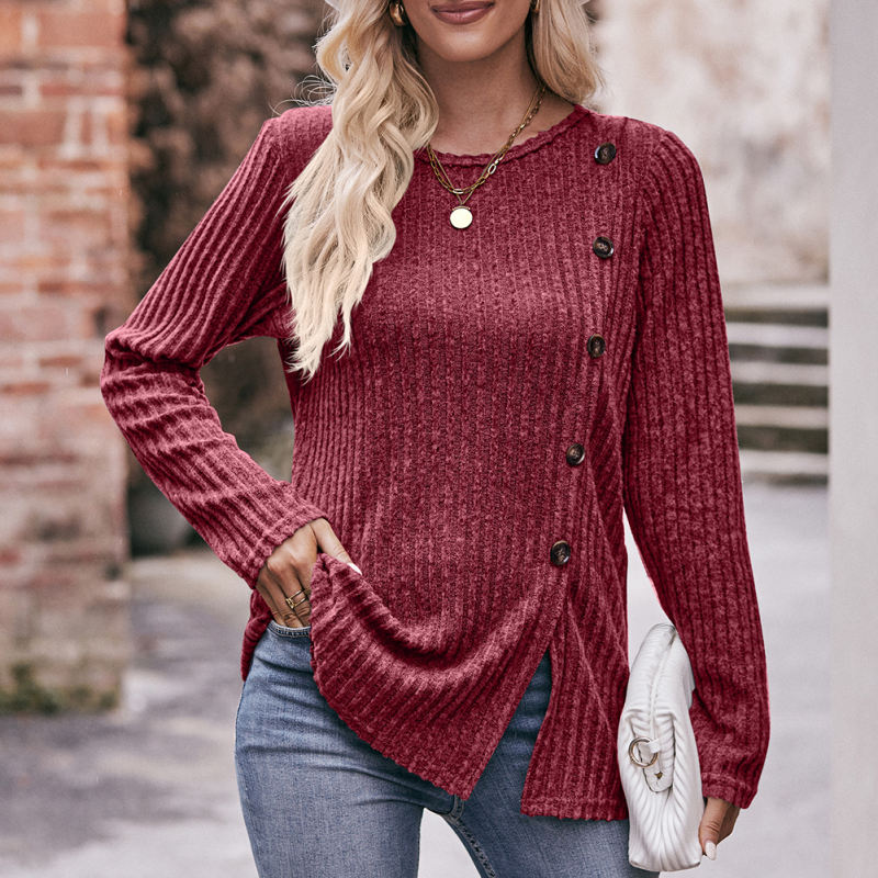 Wine Red Ribbed Button Split Long Sleeve Tops