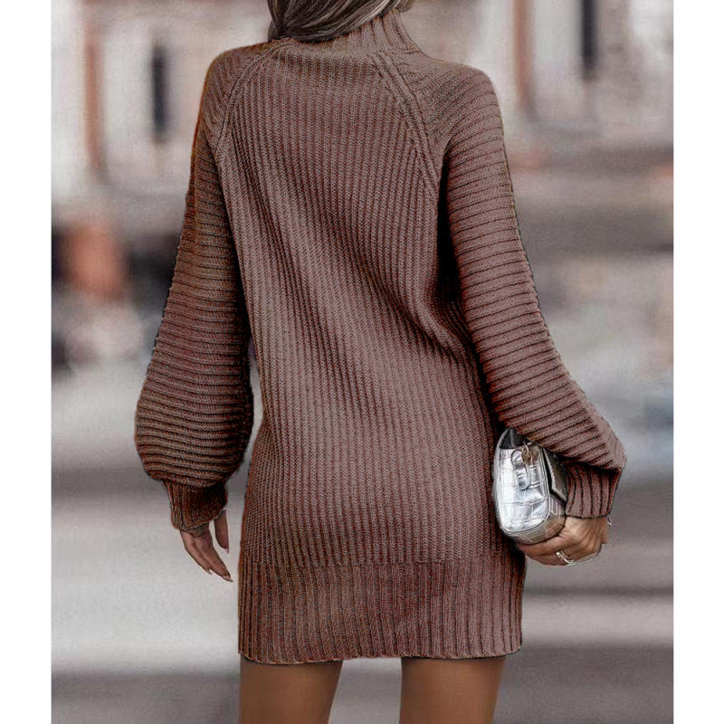 Coffee Turtleneck Knit Sweater Dress
