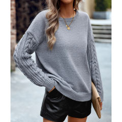 Grey Round Neck Drop Shoulder Knit Sweater