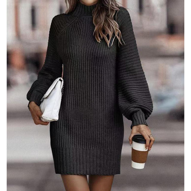 Black Turtleneck Knit Sweater Dress