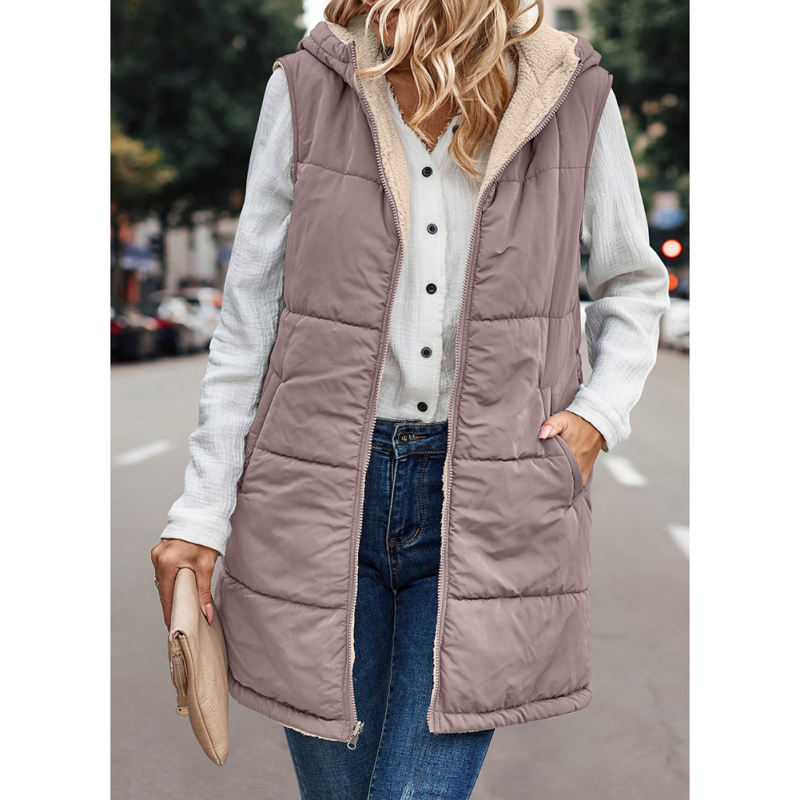 Light Coffee Full-zip Double-sided Hooded Vest Coat