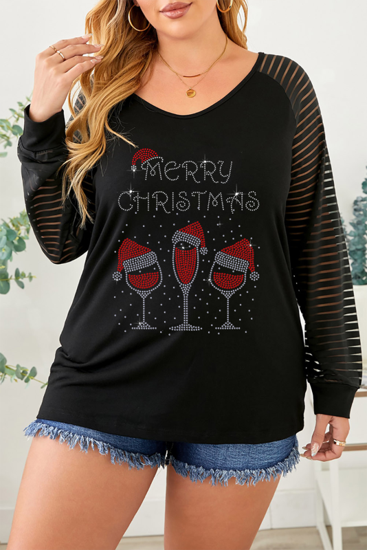 Black Glitter MERRY CHRISTMAS Sheer Striped Sleeve Plus Top