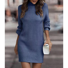 Blue Turtleneck Knit Sweater Dress