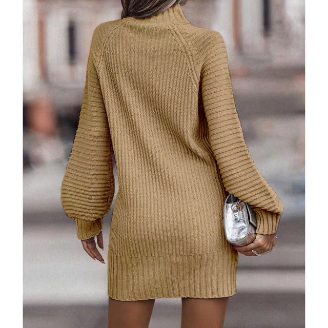 Khaki Turtleneck Knit Sweater Dress