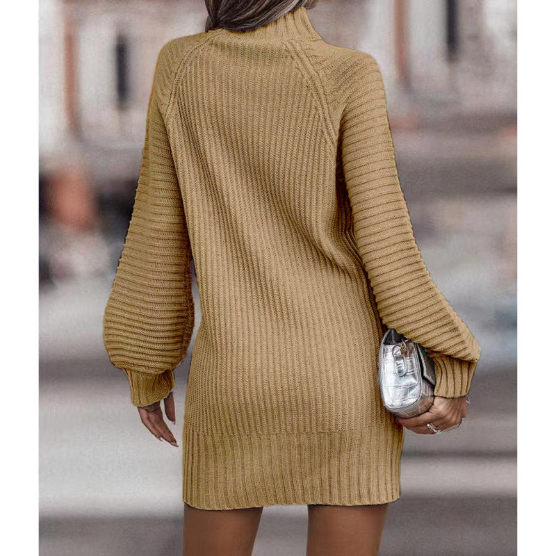 Khaki Turtleneck Knit Sweater Dress