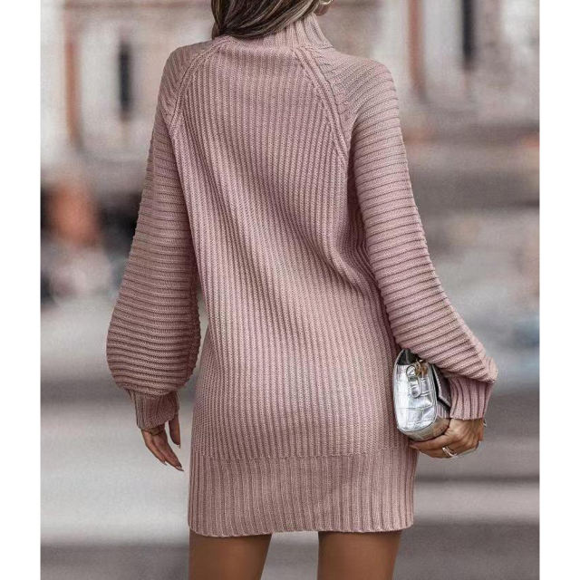 Pink Turtleneck Knit Sweater Dress