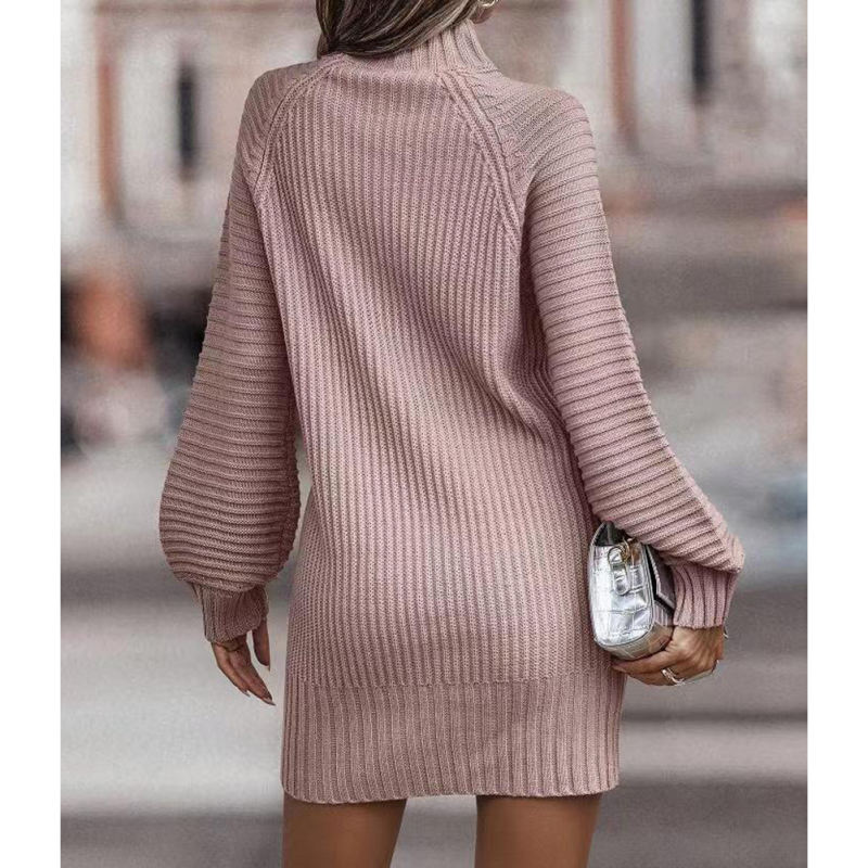 Pink Turtleneck Knit Sweater Dress