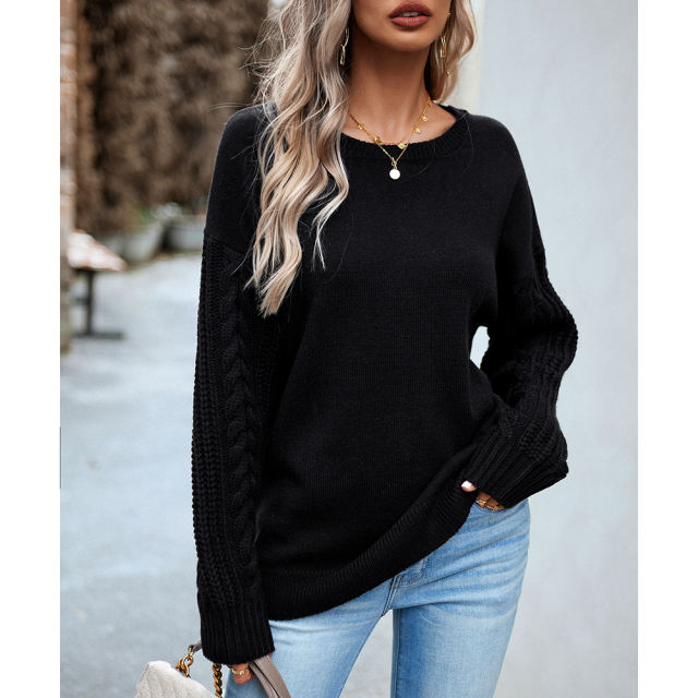 Black Round Neck Drop Shoulder Knit Sweater