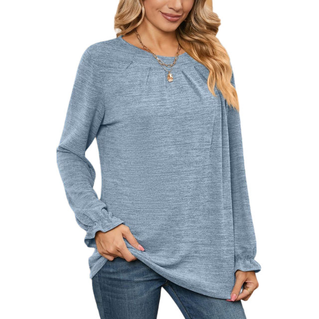 Light Blue Pleated Round Neck Long Sleeve Tops