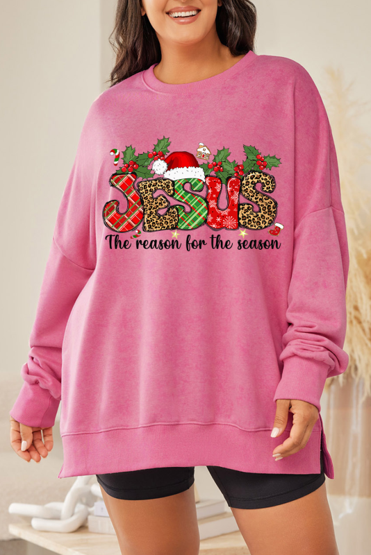 Pink JESUS Monogram Graphic Christmas Plus Sweatshirt