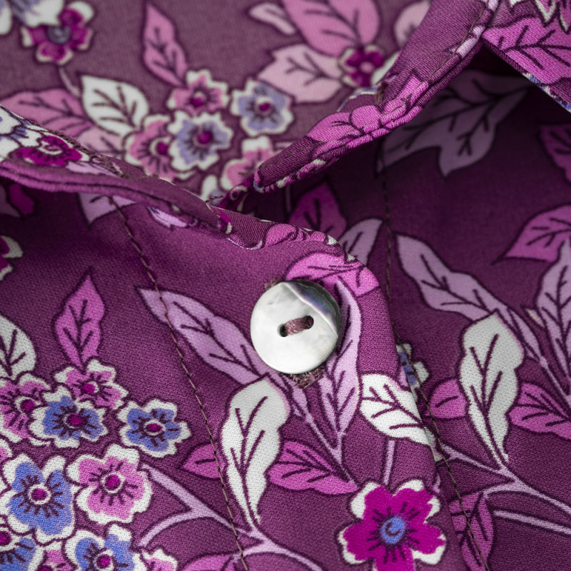 Purple Floral Print Pleated Cuffs Button Shirt