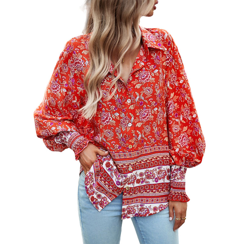 Red Floral Print Pleated Cuffs Button Shirt