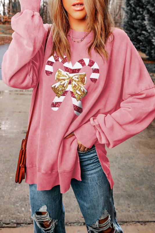 Pink Christmas Cane Bow Knot Sequin Print Pullover Sweatshirt