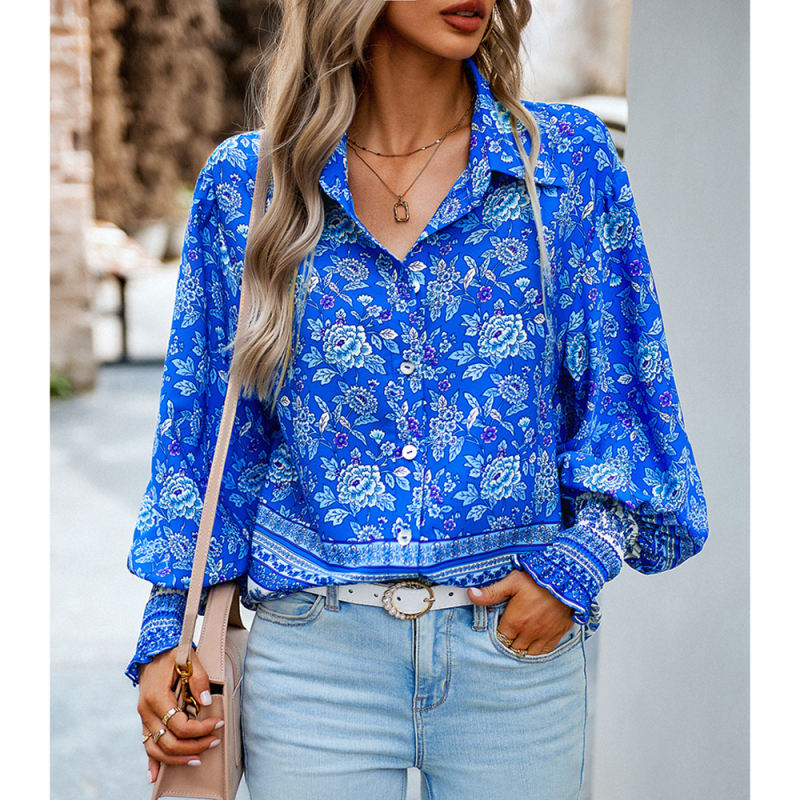 Blue Floral Print Pleated Cuffs Button Shirt