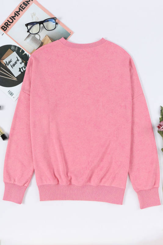 Pink Christmas Cane Bow Knot Sequin Print Pullover Sweatshirt