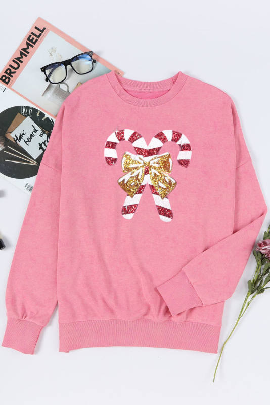 Pink Christmas Cane Bow Knot Sequin Print Pullover Sweatshirt