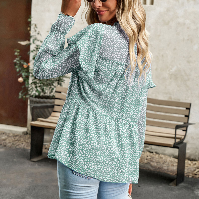 Light Green Floral Print Frilled Neck Long Sleeve Blouse