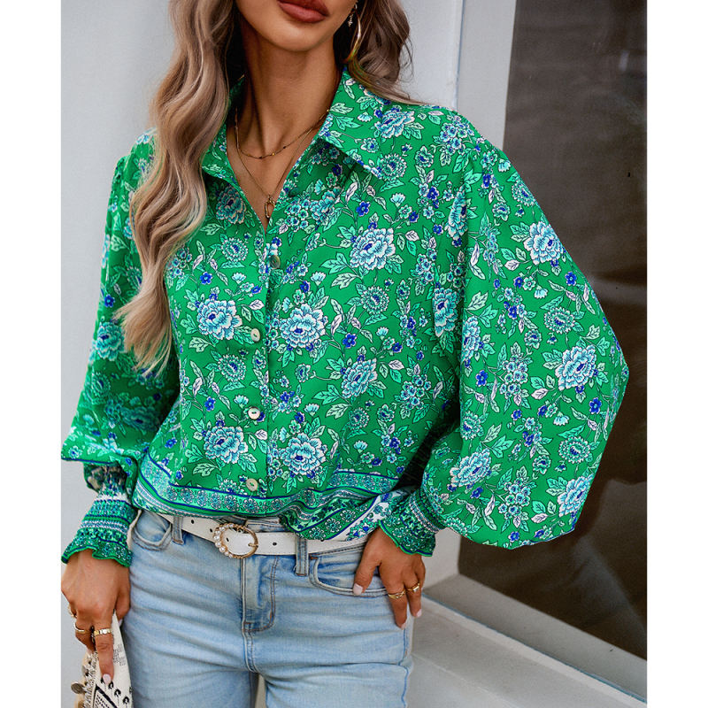 Green Floral Print Pleated Cuffs Button Shirt