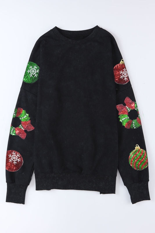 Black Christmas Sequined Pattern Oversized Sweatshirt