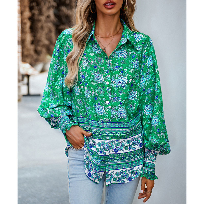 Green Floral Print Pleated Cuffs Button Shirt