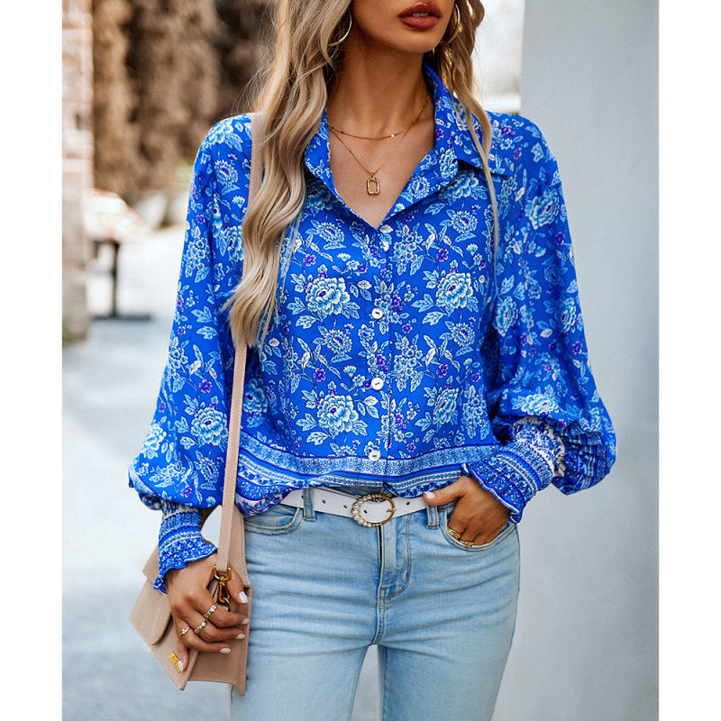 Blue Floral Print Pleated Cuffs Button Shirt