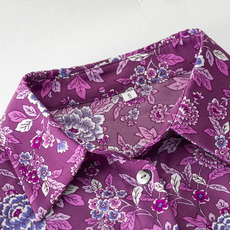 Purple Floral Print Pleated Cuffs Button Shirt