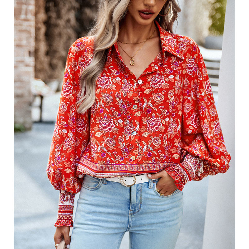 Red Floral Print Pleated Cuffs Button Shirt