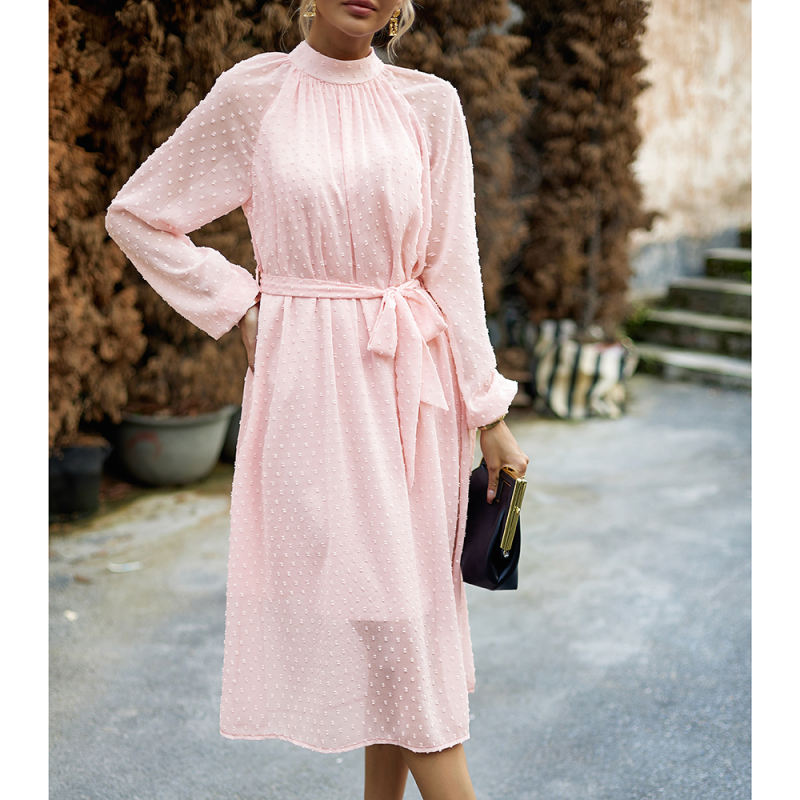 Pink Swiss Dot Jacquard Long Sleeve Dress