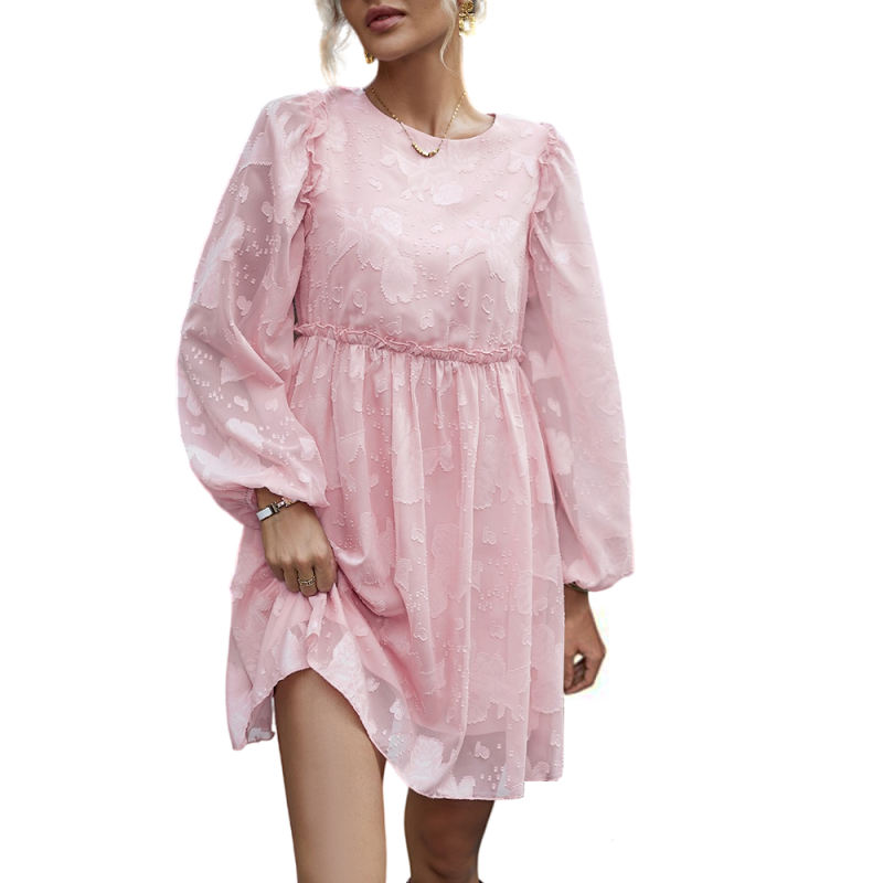 Pink Jacquard Puff Sleeve Mini Dress