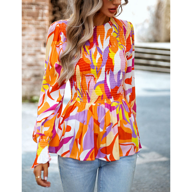 Multicolor Abstract Print Smocked Bust Peplum Blouse