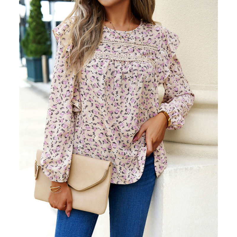 Khaki Floral Print Lace Insert Long Sleeve Blouse