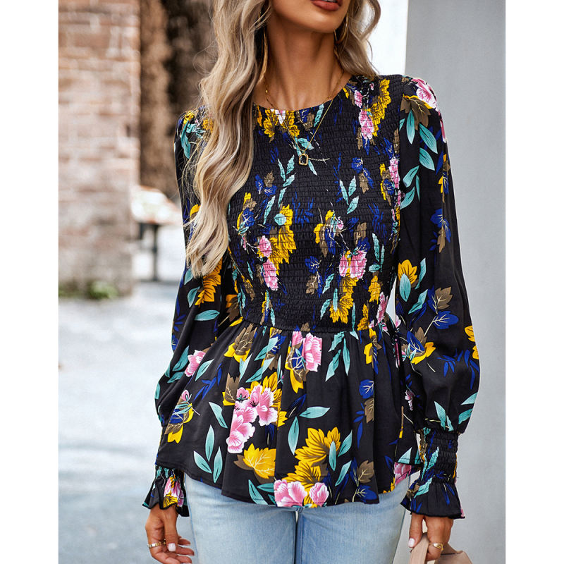 Black Floral Print Smocked Bust Peplum Blouse