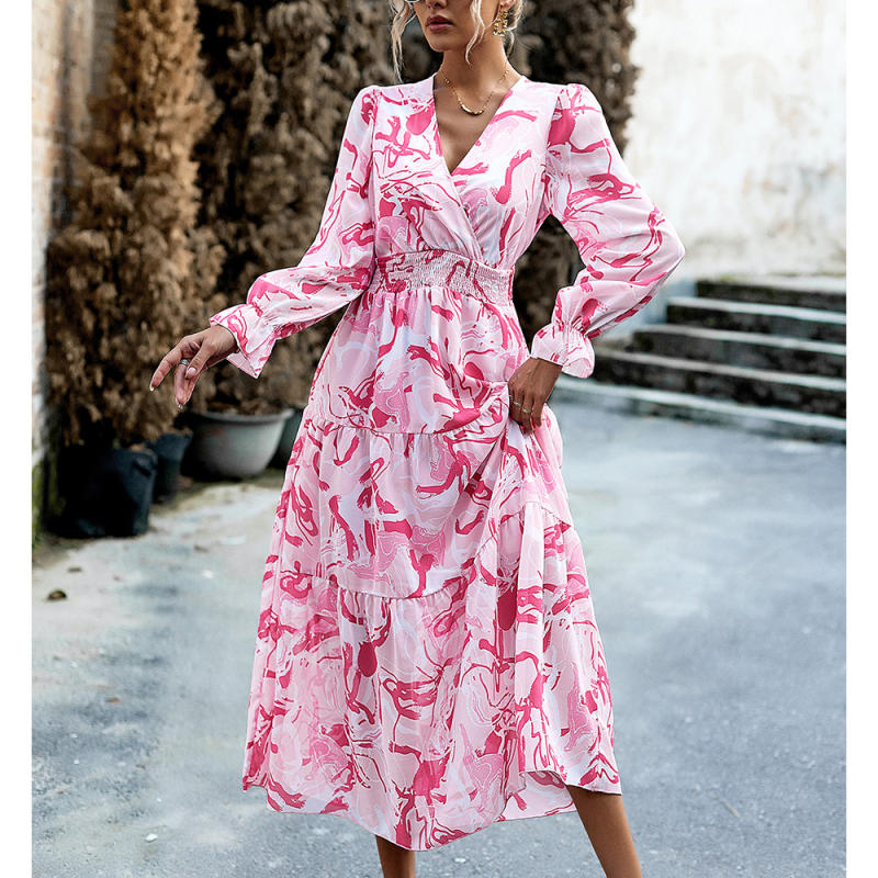 Pink Printed Pleated Waist V Neck Casual Dress