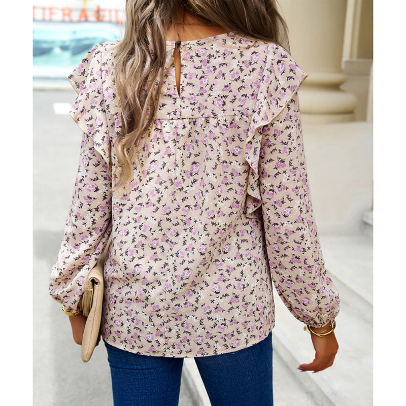 Khaki Floral Print Lace Insert Long Sleeve Blouse